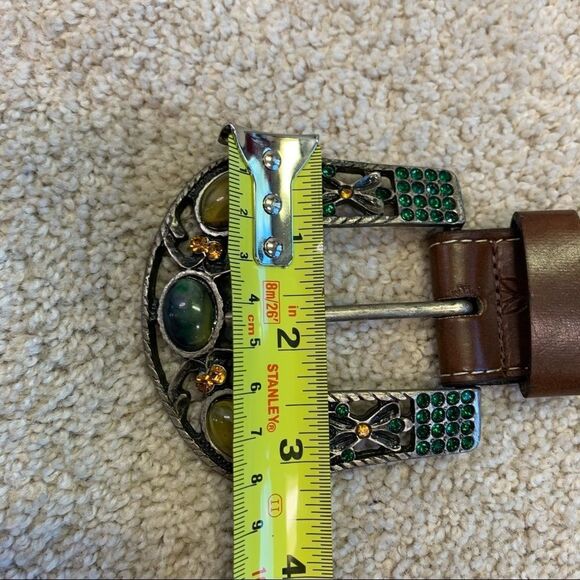 𝅺BUFFALO David Bitton green yellow Rhinestone Gem Embellished brown leather belt - Picture 7 of 9